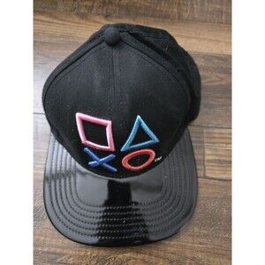 PlayStation Symbols Snapback Hat Black Patent Brim Blue Underbill Adjustable
